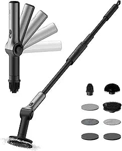 HOTO Flexi Cordless Electric Spin Scrubber, Adjustable Angle, Extendable Handle, Smart Display, IPX7 Waterproof, Powerful Cleaning Scrubber with 8 Replaceable Brush Heads, for Bathtub, Bathroom, Tile