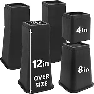 Bed Risers 12 Inch Heavy Duty, 4 Pack Adjustable Furniture Risers for Dorm Twin XL Table Desk Sofa Couch Cabinet Bed Frame, Black Bed Lifts Risers Stackable