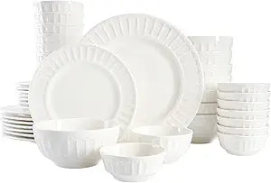 Gibson Home Zen Buffet Porcelain Ceramic Dinnerware Sets for 8, Plates and Bowls Set (40pcs), White Embossed Dishes