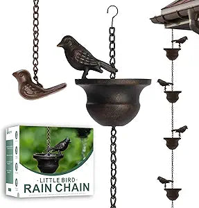 Metal Bird Rain Chain for Gutters, 9.5 Ft Rust-Resistant Outdoor Rain Catcher with Hanging Gutter Adapter, Perfect for Heavy Rain, Indoor/Outdoor Decoration, Dark Bronze Finish