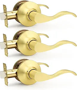 GOBEKOR Gold Door Handles Interior Wave Passage Door Lever Brushed Gold Interior Door Handles for Hall Closet Reversilble for Left/Right-Handed Doors, Satin Brass(3 Pack)