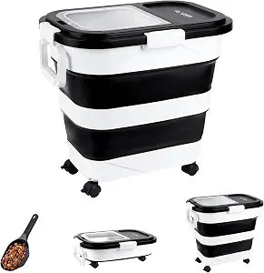 Dog Food Storage Container 30-40lbs, Airtight Pet Food Bin w/ Clear Window | Collapsible Rolling Storage Container with Wheels and Scoop; Black