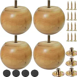 3 Inch Tall Wood Furniture Legs Round Bun Feet for Sofa Couch Cabinet Wooden Furniture Feet Soild Wood Replacement Bun Feet with Hardware Set of 4 (3.1 inch)
