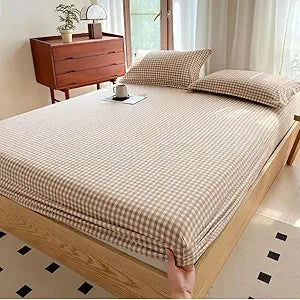 Tan Gingham Fitted Sheet Queen 100% Washed Cotton Taupe Plaid Queen Bed Sheet Grid Single Bottom Sheet with 15" Deep Pocket Gingham Bedding Grid Sheet 1 Piece Cotton Breathable Mattress Cover