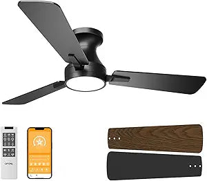 OPONL 42 Inch Ceiling Fans with Light, Black Low Profile Ceiling Fan with Light, Remote Control, Flush Mount, Reversible, 6CCT, Dimmable, Noiseless, Modern Ceiling Fan for Bedroom, Indoor/Outdoor Use