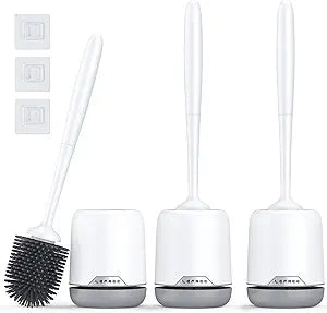 Lefree Toilet Brush Set, 3 Pack Silicone Toilet Bowl Brush and Holder with Ventilated Holder, for Bathroom Floor Standing & Wall Mounted Scrubber