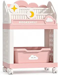 Grow-with-Me Kids Bookshelf and Toy Storage Organizer with Bins and Wheels, Adjustable Detachable Front-Facing Book Rack for Nursery Playroom Kids Room (Pink, 2-Tier)