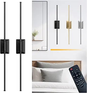 Battery Operated Wireless Wall Sconce - Modern Rechargeable Led Sconces in Black Gold Silver - Bedroom Decor Stick On Lights Set of 2 - Long Indoor Living Room Bathroom Remote Wall Light