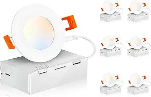 CLOUDY BAY 3 inch 5 Color Ultra Thin LED Recessed Light with Junction Box, Canless Wafer Downlight, IC Rated, 8W CRI90+, 5 Color Temperature Selectable, Illumination Diameter 1-7/8inch,White, 6 Pack