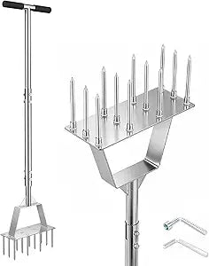 Stainless Steel Manual Lawn Aerator Tool with 12 Spikes, Heavy-Duty Semi-Assembled Lawn Spike Aerator Tool for Loosening Soil Aerating Patio, Yard, Handheld Lawn Care Coring Soil Aerator