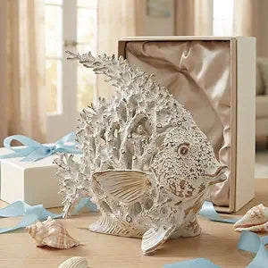 White Coral Reef Angelfish Statue Coastal Beach Decor Ocean Nautical Figurine for Bathroom Home Office Tabletop Shelf 10in x 9.8 in(Ivory White)