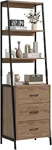 BOTLOG Industrial Ladder Bookshelf with 3 Fabric Storage Drawers, 4-Tier Bookcase, Display Standing Shelf Unit Storage Organizer for Living Room, Entryway, Office, Rustic Brown