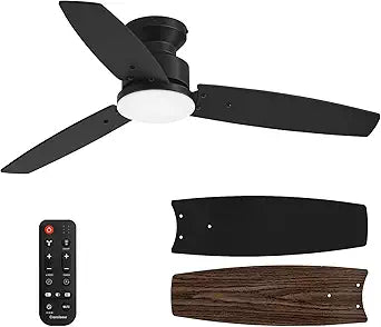 Conciseer Modern 42 Inch Ceiling Fans with Lights and Remote, Bedroom Living Room Office, Flush Mount, 18W 6CCT Dimmable, Dual Color 3 Blades 6 Speed Reversible Quiet DC Motor, Black/Wood Grain