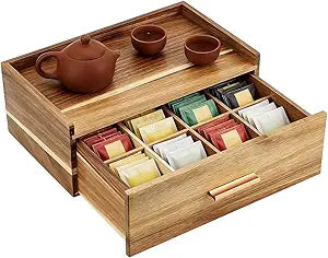 PH PandaHall Wooden Tea Bag Organizer with Drawer, 8 Compartments Tea Chest for Tea Bags Storage Coffee Tray for Kitchen Countertop Office Desk Tea Coffee Storage Organization, 12.8x8.6x4.9