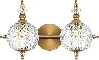 Brushed Antique Brass Bathroom Vanity Light Fixture Vintage Style - 2 Light G9 Bulb Compatible, 17" Wide Bathroom Lighting Over Mirror with Hand-Etched Glass Shades, Easy Mount for Makeup Area
