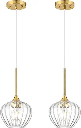 2-Pack Glass Pendant Lights Kitchen Island, 7.7" Modern Gold Pendant Lighting Adjustable Hanging Light Fixtures for Kitchen, Dining Room, Bathroom, Bedroom