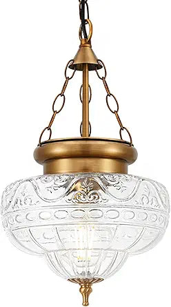Brushed Antique Brass Pendant Lights Kitchen Island, Adjustable Height Penant Lighting Fixtures, Vintage Pendant Light with Unique Thickened Glass, Hanging Light Fixtures for Dining Room, Entryway