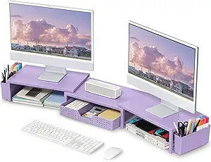 OPNICE Desk Organizers and Accessories, Dual Monitor Stand Riser with Drawer and 2 Pen Holders, Desk Shelf Computer Racks & Printer Stand for Office Workspace Organizers, Desktop Organization (Purple)