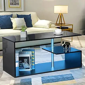 HOMMPA LED Coffee Tables for Living Room Modern Black Coffee Table with 3 Tiers Open Storage Shelf High Gloss Center Table Sofa Tea Table with LED Lights for Home Office Furniture Black