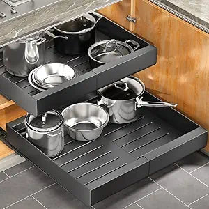 Pull out Cabinet Organizer, Wider Expandable(14"-24") Heavy Duty Slide out Drawers Fixed with Adhesive Nano Film for Pots and Pans, Roll out Shelf Storage for Kitchen Base Organization 2-Pack