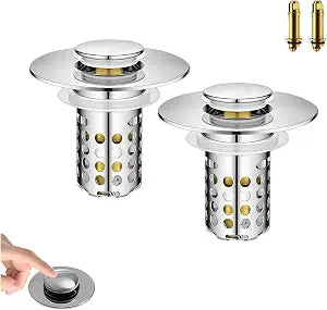 Universal Pop-Up Bathroom Sink Stopper, Stainless Steel Drain Strainer with Removable Filter Basket for 1.1"-2.36" Basin, Push-to-Bounce Core, Bathroom Sink Plug, Hair Catcher, 2 Pack