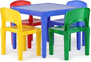Humble Crew Kids Plastic Table and Chair Set, Toddler Activity Table with 4 Chairs, Lightweight Easy-Clean Kids Desk for Play, Snacks-Crafts, Indoor Outdoor Playroom Furniture, Blue/Primary