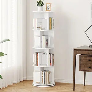 Wooden Rotating White Round Bookshelf Tower - 4 Tier 51 H Tall Corner Bookshelf for Small Space, 360 Spinning Revolving Solid Wood Modern Bookcase Tower for Living Room, Bedroom, Home Office