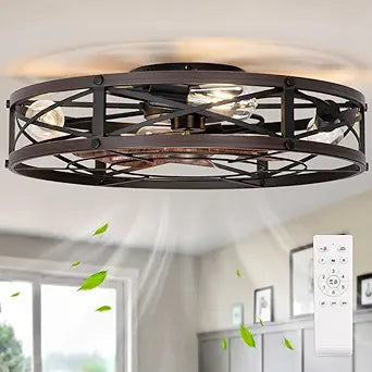 SHLUCE 24" Farmhouse Caged Flush Mount Ceiling Fan with Light, Rustic Low Profile Bladeless Ceiling Fans with Lights and Remote, Modern Large Ceiling Fan with Light for Bedroom, Kitchen, Brown - ETL