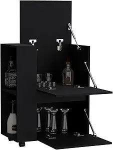 Tuhome Glasgow Bar Cart with Two Pull-Down Door Cabinets, Two Open Shelves, Smooth Rolling Wheels with Brake System, Compact Mobile Serving Cart for Home Entertaining, Kitchen Storage