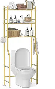 3-Tier Over The Toilet Storage, Freestanding Metal Bathroom Organizer with 4 Hooks & Anti-Tilt Kits, Heavy Duty Space Saver Shelf for Bathroom/Kitchen/Living Room, Gold