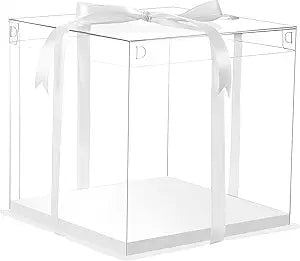 XININSUN 6Pcs Tall Cake Boxes Clear cake Box with Ribbon, 12x12x 10inch,Ideal for Large 10" and 12" Inch Tall Layer Tiered Cakes and Clear Gift Boxes for Wedding Party and Gift Display - White