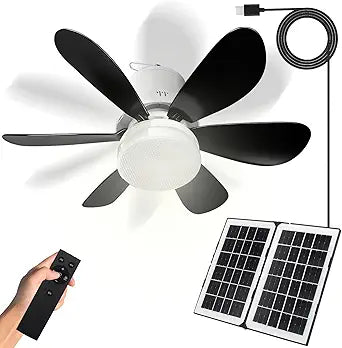 Solar Ceiling Fan Light, 17.3" 10000mAh Battery Operated with Remote, Foldable Solar Panel for Outdoor Patio, Gazebo, Camping Tent, Shed, Chicken Coop (Black)