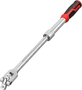 MAXPOWER Extendable Breaker Bar, Dual Head 1/2" & 3/8" Drive 360 Flex Head Cheater Bar, 5-Gear Extending Locking, Extendable Handle 13-3/8" to 18"