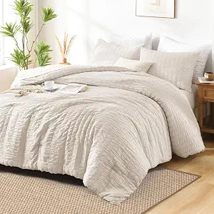 AveLom Beige Seersucker Twin Comforter Set (68x90 inches), 2 Pieces-100% Soft Washed Microfiber Lightweight Comforter with 2 Pillowcases, All Season Down Alternative Comforter Set for Bedding