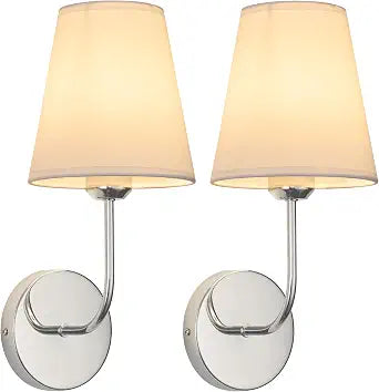 Modern Hardwired Wall Sconces, Set of 2 in Chrome with White Fabric Shades,Farmhouse Light, Living Room, Hallway, Bathroom, Vanity, or Staircase. Sleek, Versatile Lighting