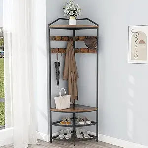 GiftGo Corner Hall Tree with Shoe Bench Entryway Coat Rack with 10 Metal Movable Hooks Floor Standing Clothes Rack Shoes Shelf Organizer for Home Office Bedroom (Rustic Brown)
