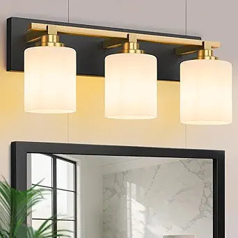 Modern Bathroom Lighting Fixtures Over Mirror, Vanity Lights for Bathroom, Wall Sconces with Milky White Glass Shades, E26 Ceramic Socket, 3-Light Black and Gold