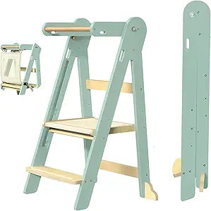 Grownsy Foldable Step Stool Toddler Tower, Toddler Kitchen Stool Helper, Collapsible Kids Standing Tower with 3 Adjustable Heights and Safety Net for Kitchen Bathroom Sink Counter (Green)