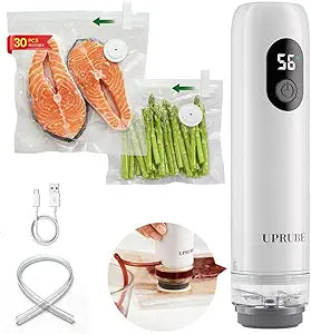 Compact Vacuum Sealer for Food (Vacuum Sealer Machine + 30 Reusable Vacuum Bags), Powerful Handheld Food Vacuum Sealer Machine with LED Display & Liquid Drainage Tube, Portable Food Sealer