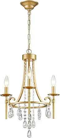 Small Crystal Chandelier, 3-Lights Modern Crystal Chandeliers for Dinning Room, Wagon Wheel Gold Chandelier, Farmhouse Hanging Pendant Light Fixture for Bedroom Hallway Entryway Bar Kitchen Bathroom