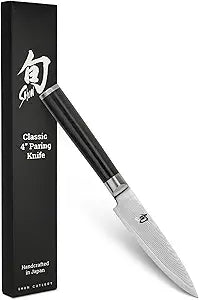 Shun Classic 4" Paring Knife, Handcrafted Japanese Vegetable & Fruit Knife, VG-MAX Core with Damascus Stainless Steel Cladding, Pakkawood Handle, Small Kitchen Tool for Peeling, Coring & Cutting