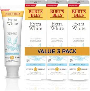 Burt's Bees Extra White Toothpaste, Fluoride Toothpaste, Natural Flavor, Mountain Mint, 4.7 oz, Pack of 3