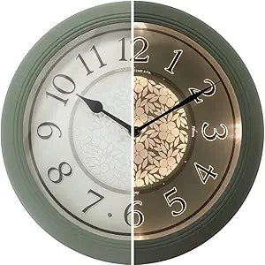 Presentime & Co. 12.6" Illuminated Farmhouse Wall Clock, Silent Battery Operated Night Light Wall Clock with Smart LED Sensor for Living Room, Bathroom, Kitchen, Home Office, Sage Green
