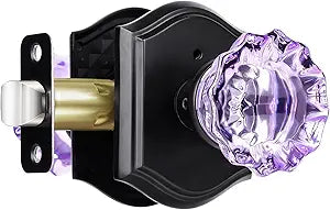 Purple Glass Door Knobs Interior with Lock, Matte Black Crystal Privacy Door Knobs for Bedroom Bathroom, 1 Pack