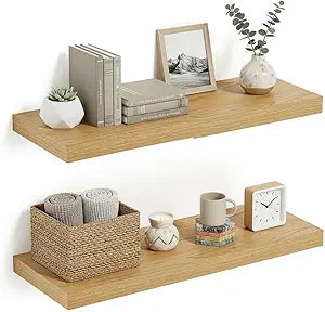 Vivelove Floating Shelves 24 inchs Long, Bathroom Shelves Over Toilet 9.1 Deep, Wall Mounted Wall Shelves for Bedroom, Living Room, Kitchen, Office, Rustic Home Decor, Oak, Set of 2