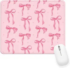 Pink Bow Mouse Pad with Stitched Edge, Small Square Mouse Pad for Computer Laptop Non-Slip Rubber Base, Cute Girly Pink Office Mat Desk Accessories Decor, Girl Office Staff Supplies for Women 9.4x7.8