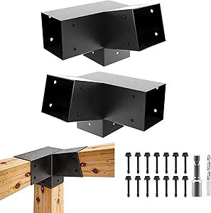 15 Degree Pegola Bracket Kits,3-Way Right Corner Woodwork Brackets for 4" x 4" (Actual:3.5"x3.5") Lumber,DIY Gazebo Brackets for Patio Pergolas, Gazebos, Log Cabin W/Hardware - 2Pack