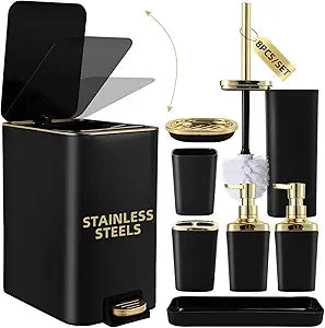 XLHOMO Black Bathroom Accessories 8 Piece Black and Gold Bathroom Set, Bathroom Accessories with Stainless Steel Bathroom Trash Can,Toilet Brush,Toothbrush Set,Soap Dispenser