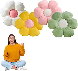CANGHI Flower Shaped Pillows 4PCS 15.7" White/Pink/Yellow/Green Plush Throw | Cute daisy decorative seating cushion for bed, sofa, chair, cozy floral home accent with soft touch.