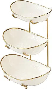 White Fruit Bowl with Gold Metal Stand, 3 Tier Modern Ceramic Fruit Bowl Fruit Rack for Kitchen Counter, Tiered Fruit Basket for Snacks Bread Candy Storage (White,3 Tier)
